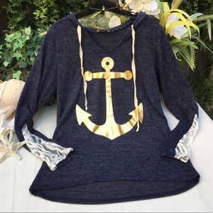 Heather blue pull over hoodie w/gold anchor - M